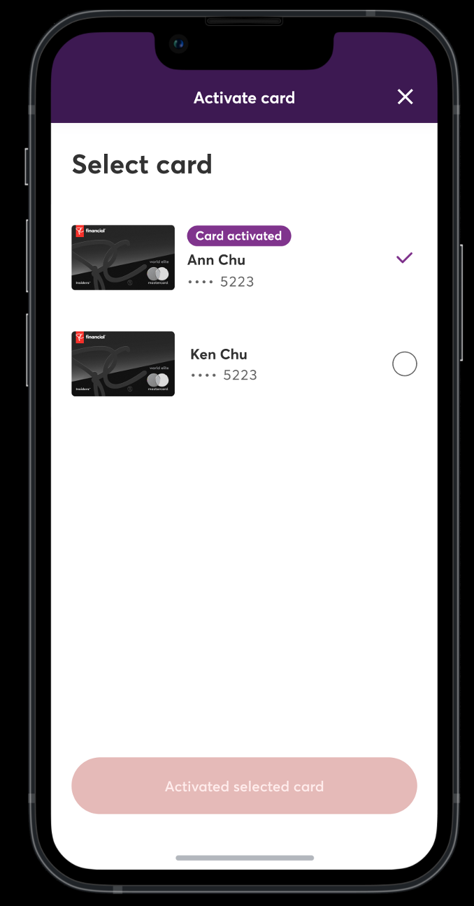 If a user has more than one Additional Cardholder, I wanted to make it easy for them to identify which card has been activated and which is still pending. To achieve this, we introduced a pill-style indicator for quick and clear identification.